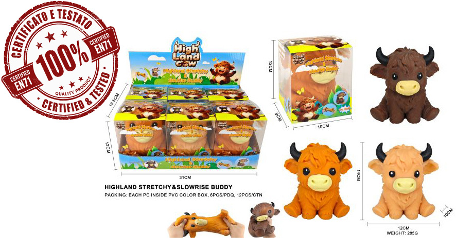 HIGHLAND COW STRETCHY SQUISHY Slow Rise (Ricrescita Lenta) 14cm (In Blind Box 14x12x9cm) In espo da 6pz 3ass…x6…x12